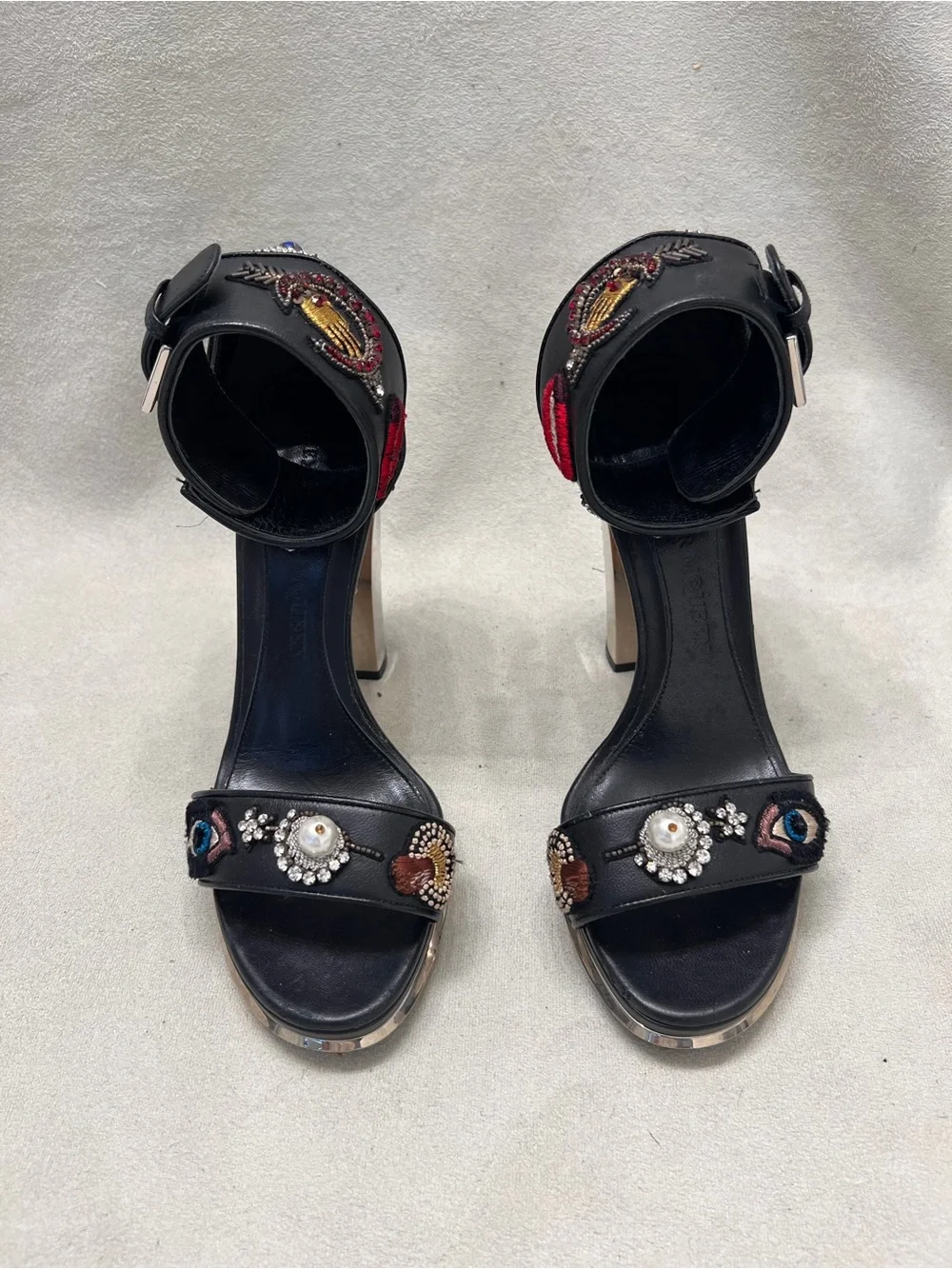 Alexander McQueen Leather Black Embellished Crystal & Embroidered Heel Sandals